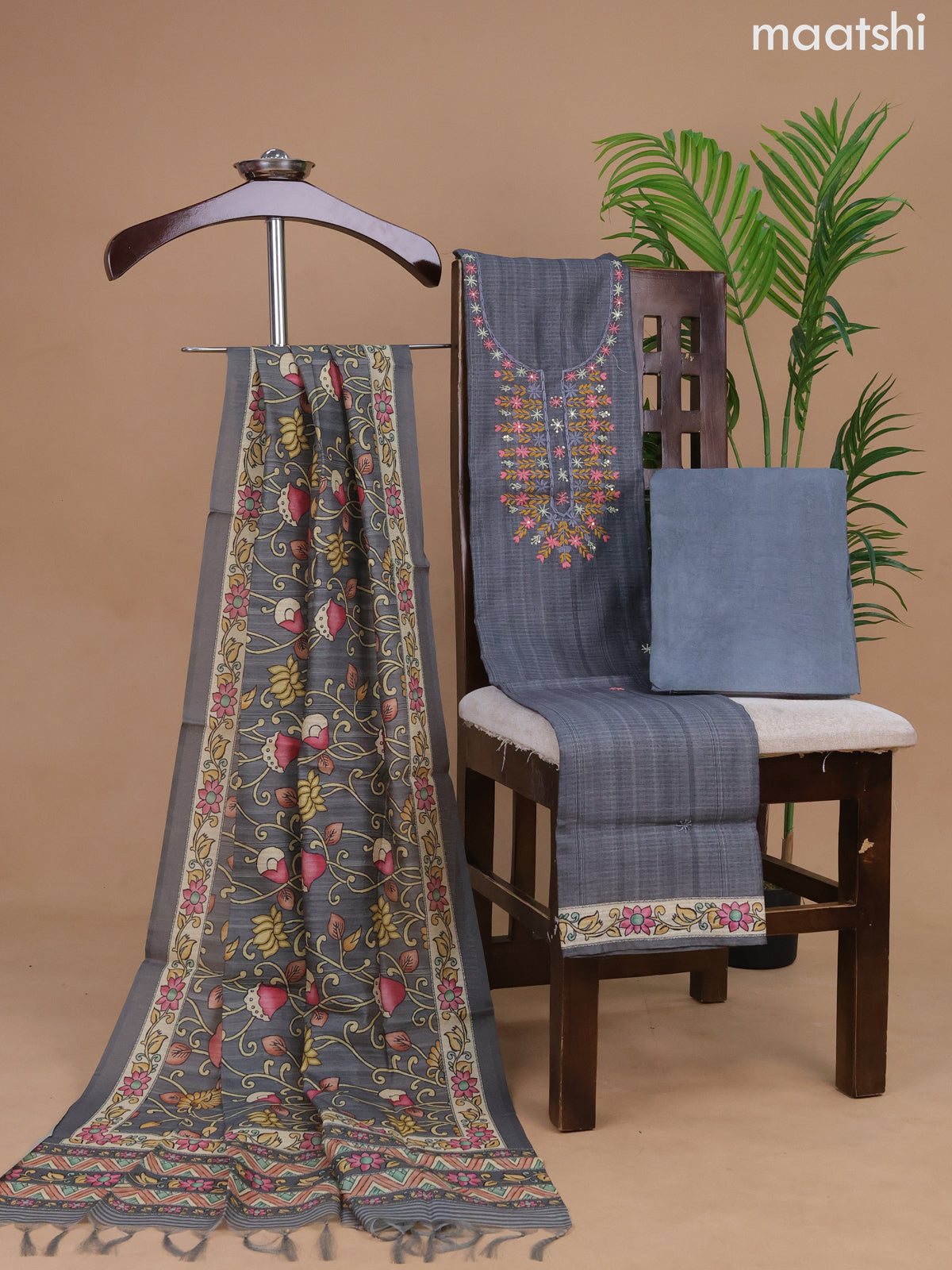 Semi tussar dress material dark grey with embroidery & sequin work neck pattern and bottom & kalamkari printed dupatta