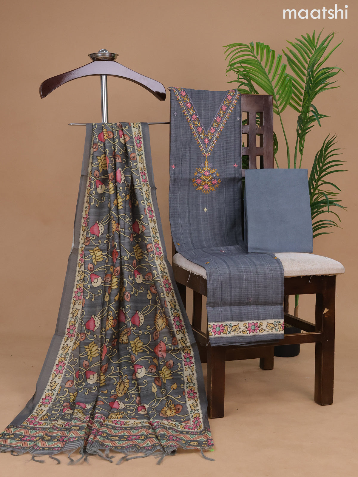 Semi tussar dress material dark grey with embroidery & sequin work neck pattern and bottom & kalamkari printed dupatta