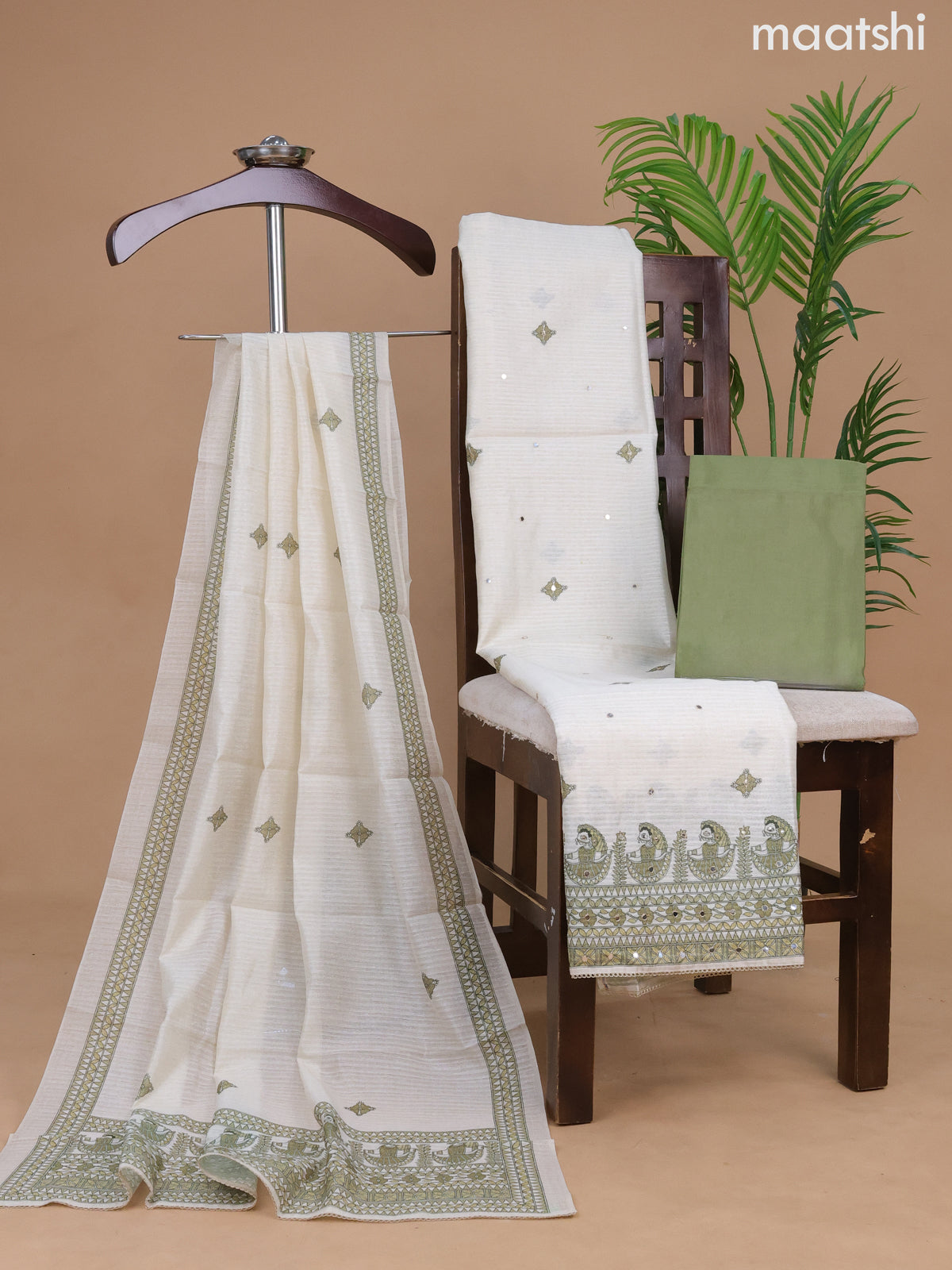 Semi tussar dress material cream and olive green with madhubani prints & mirror work and bottom & madhubani printed dupatta