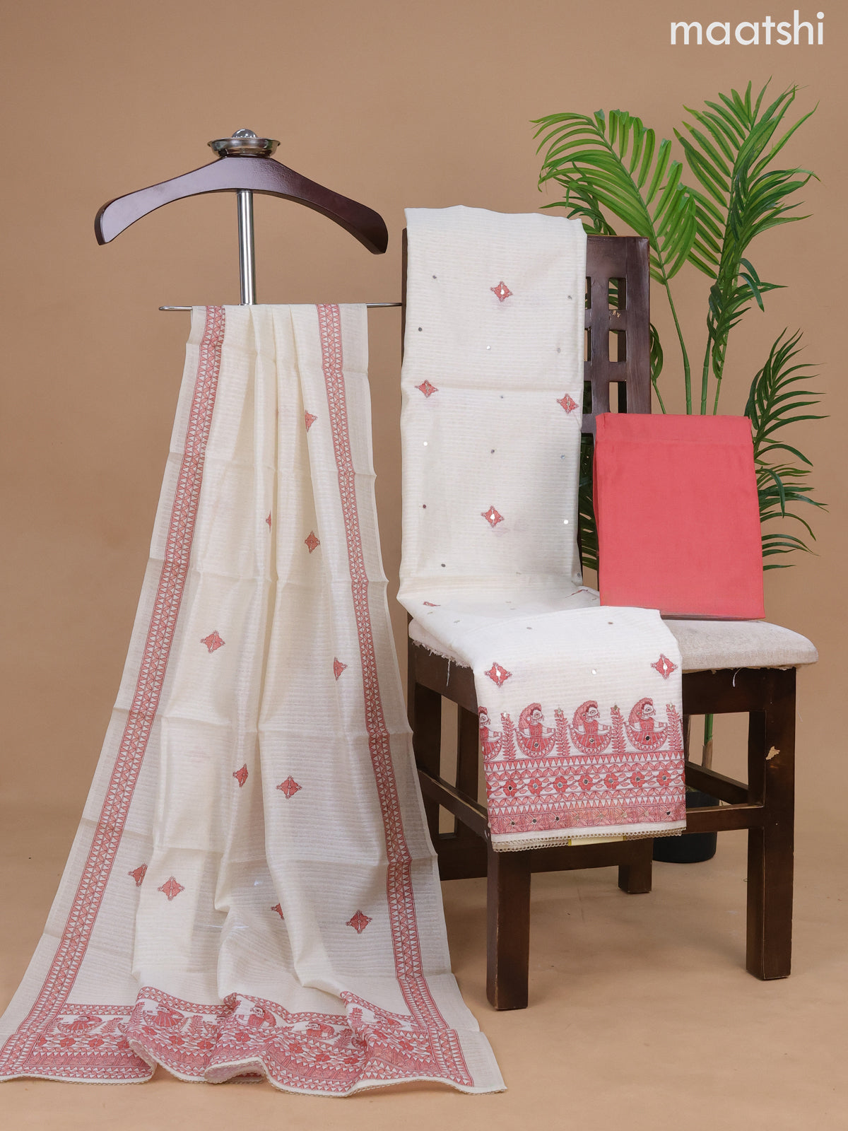 Semi tussar dress material cream and redd shade with madhubani prints & mirror work and bottom & madhubani printed dupatta