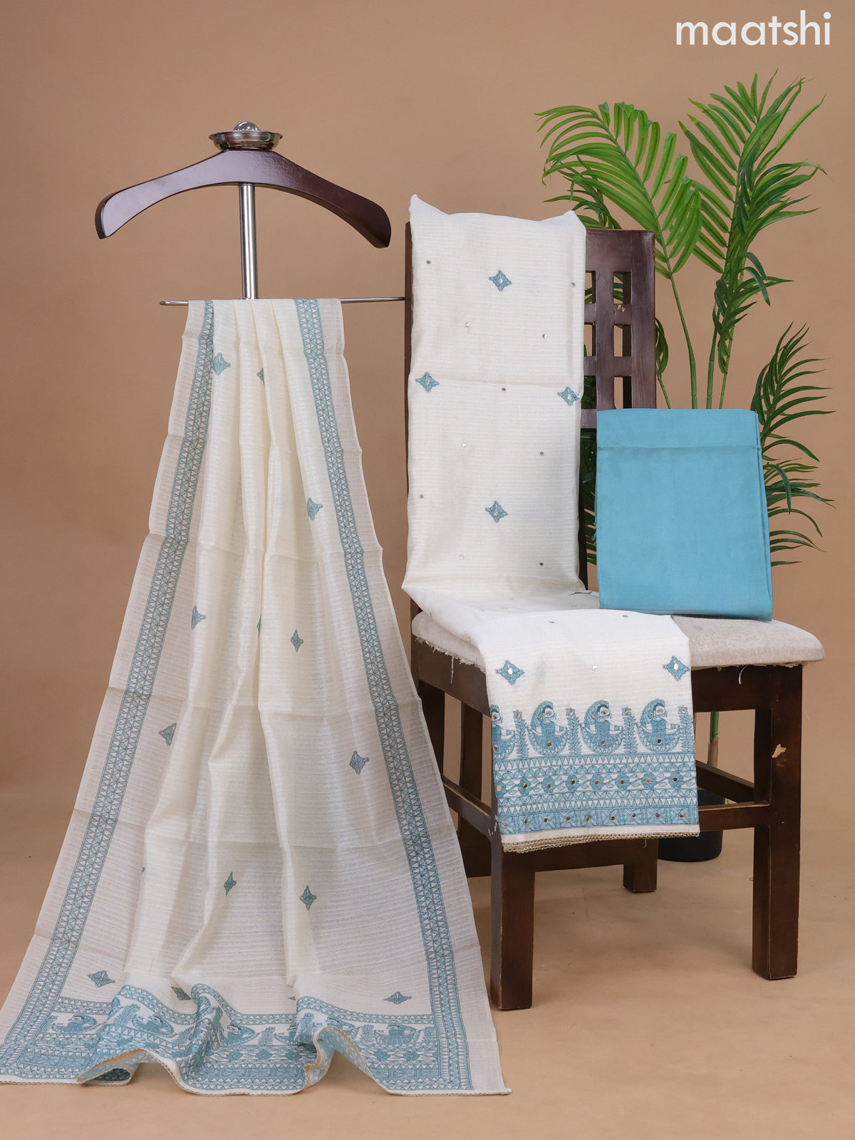 Semi tussar dress material cream and teal blue shade with madhubani prints & mirror work and bottom & madhubani printed dupatta