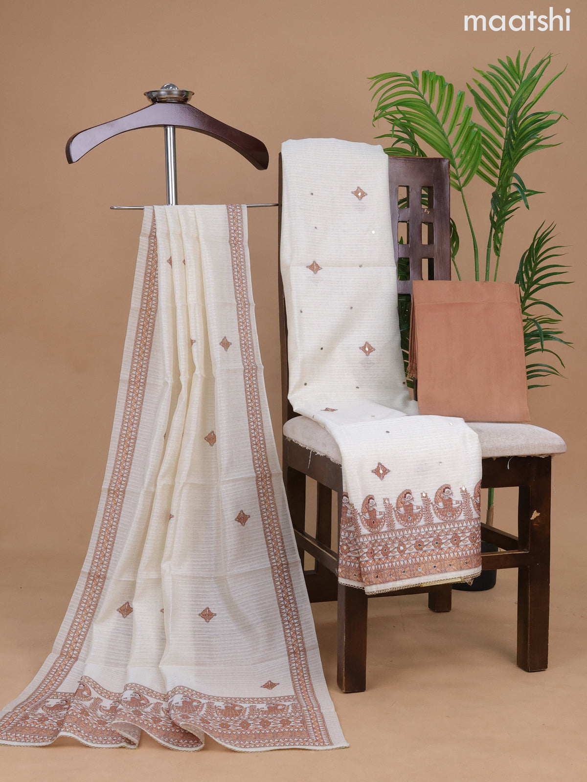 Semi tussar dress material cream and brown with madhubani prints & mirror work and bottom & madhubani printed dupatta