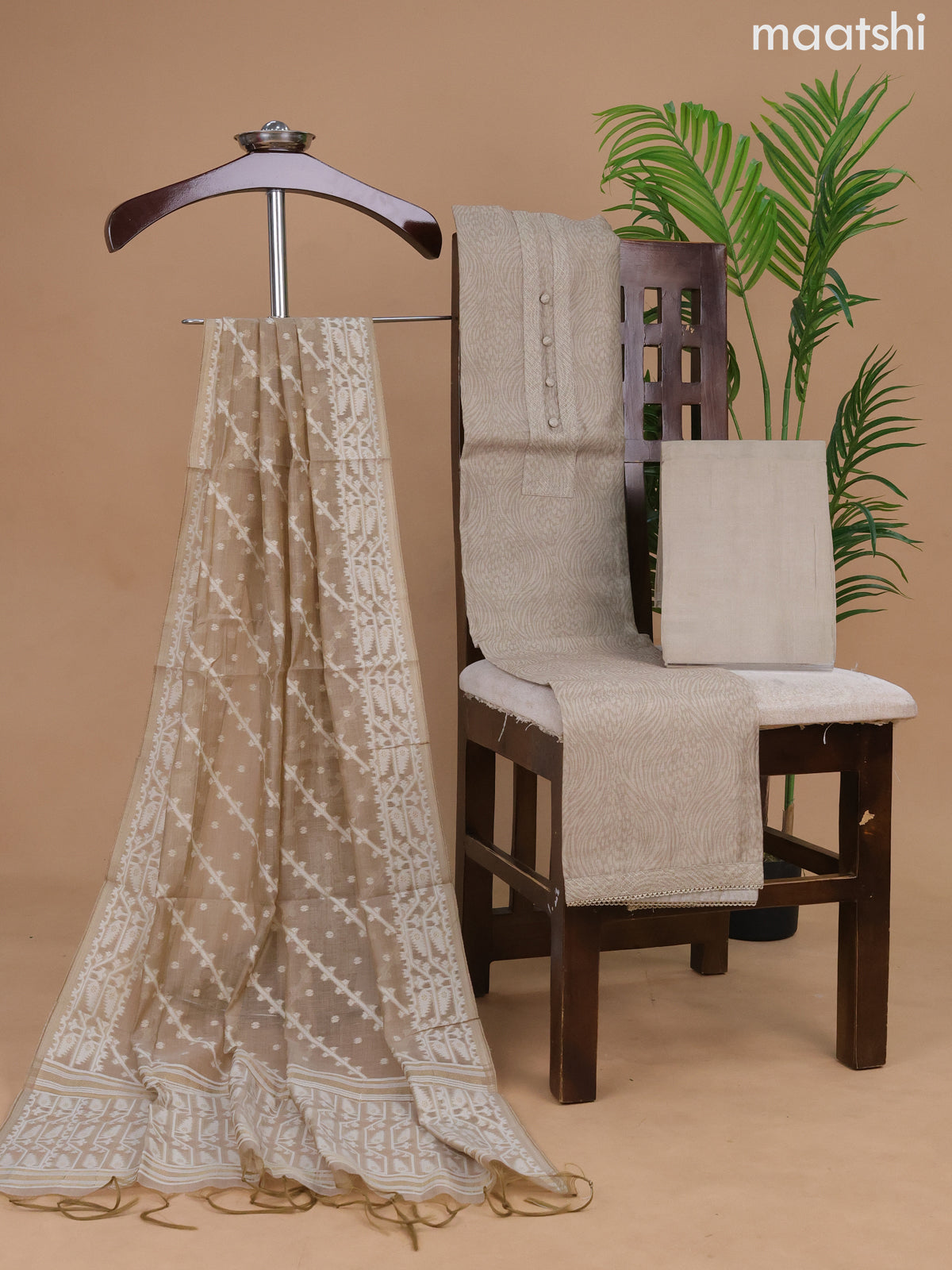 Semi tussar dress material beige with allover prints & simple neck pattern and bottom & dupatta