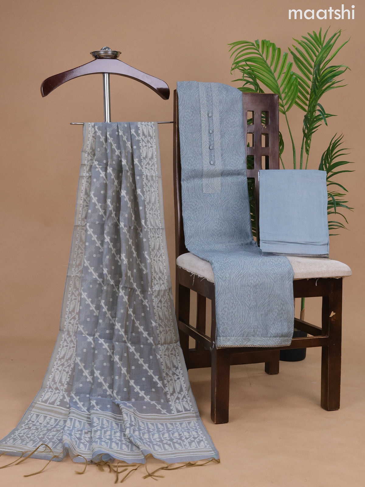 Semi tussar dress material grey shade with allover prints & simple neck pattern and bottom & dupatta