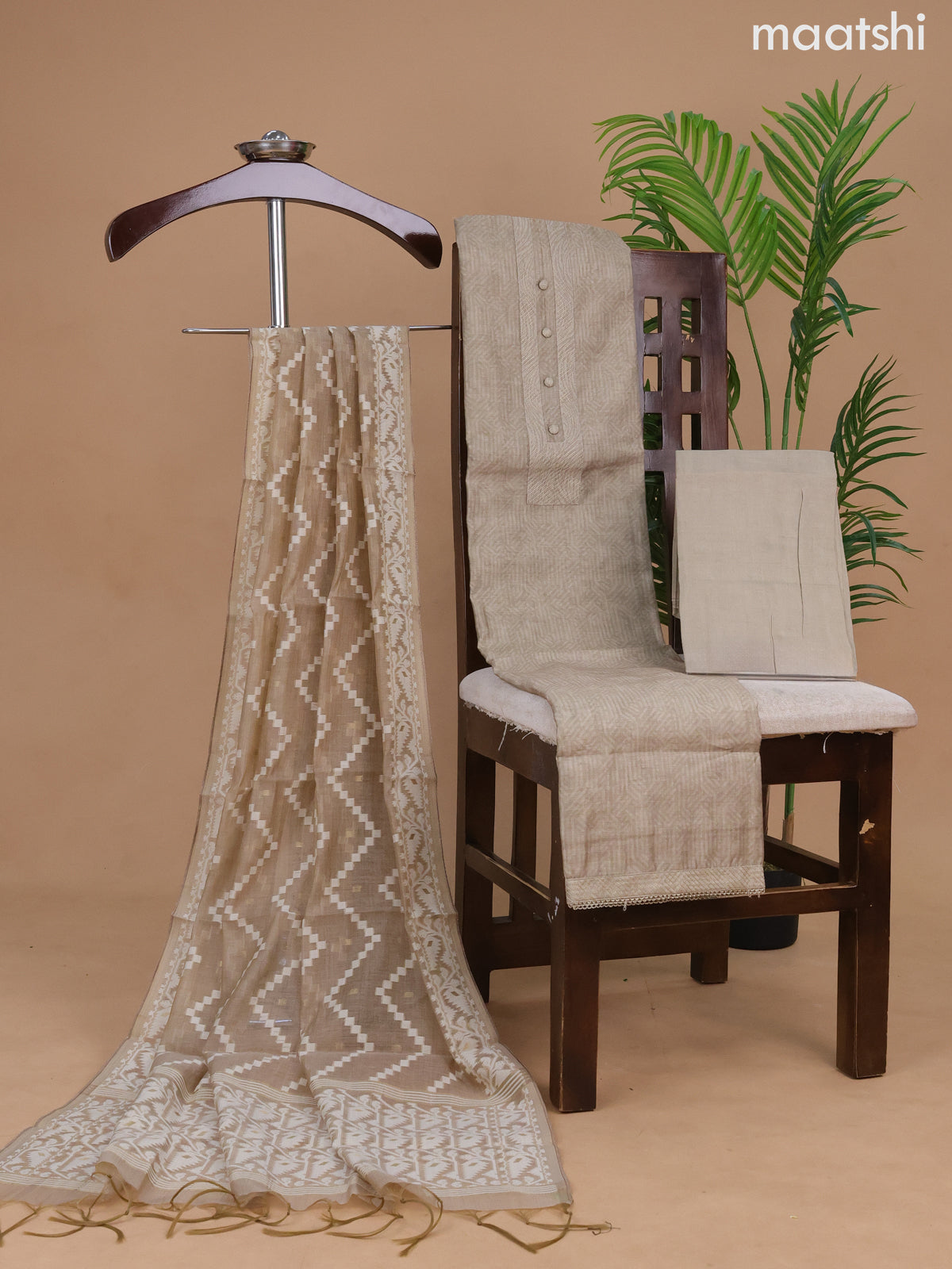 Semi tussar dress material beige with allover prints & simple neck pattern and bottom & dupatta