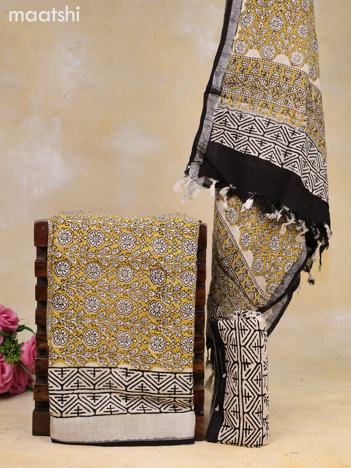Linen cotton dress material mustard shade and beige black with allover prints and bottom & dupatta