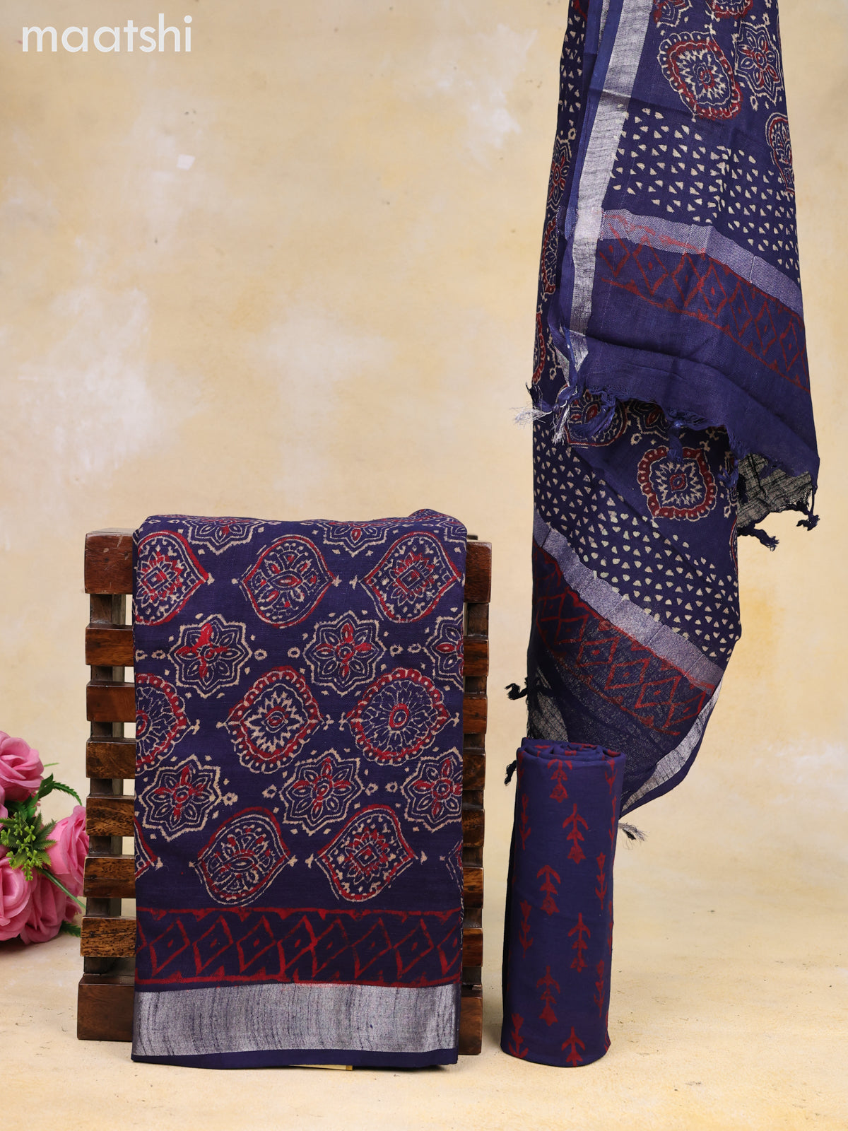 Linen cotton dress material navy blue and red with allover prints and bottom & dupatta