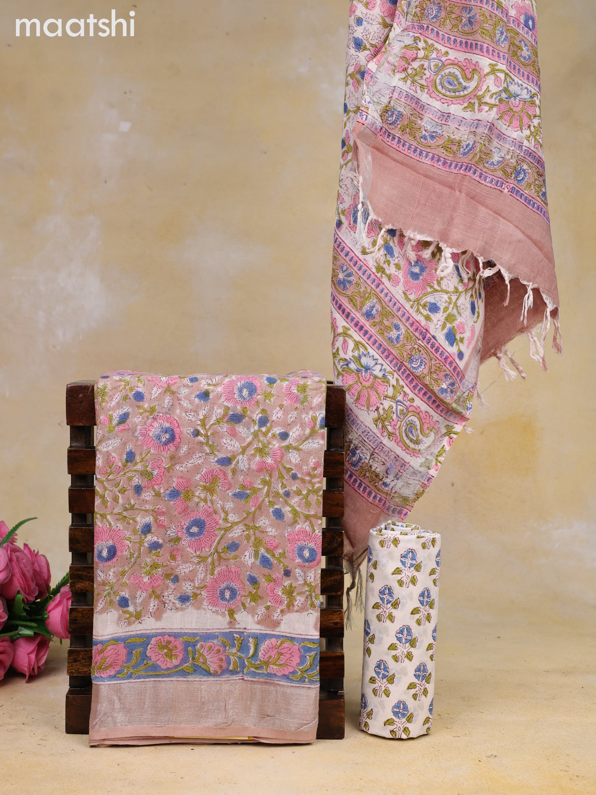 Linen cotton dress material beige and off white with allover floral prints and bottom & dupatta