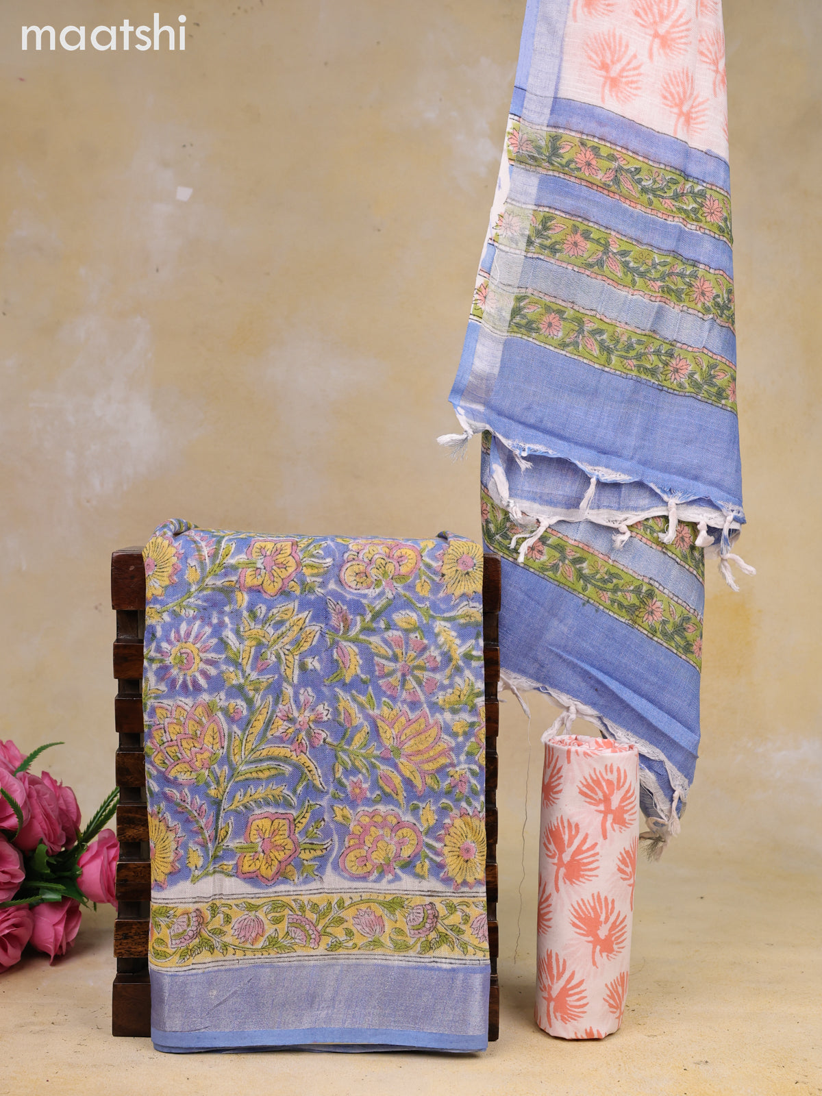 Linen cotton dress material light blue and off white with allover floral prints and bottom & dupatta