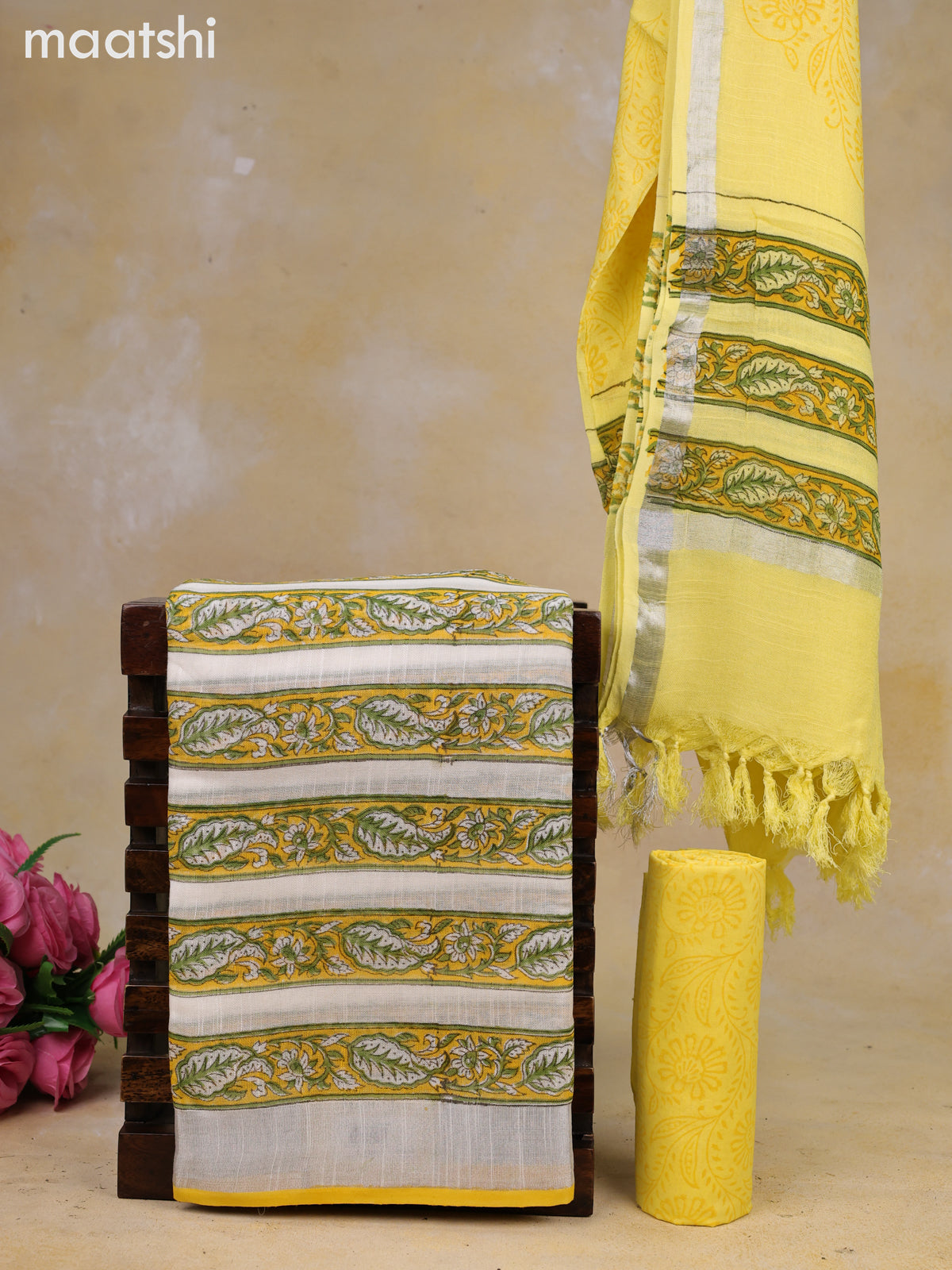 Linen cotton dress material off white and lime yellow with allover prints and bottom & dupatta