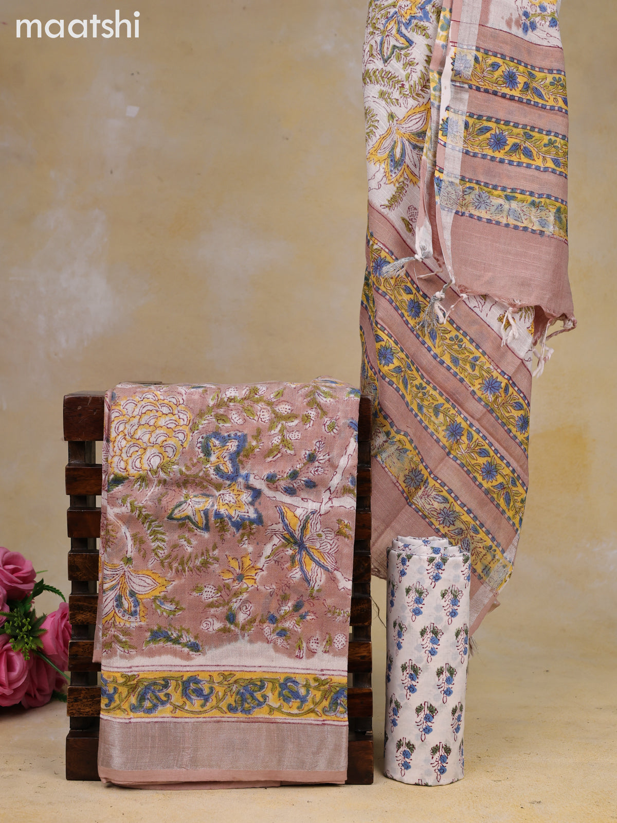 Linen cotton dress material beige and off white with allover prints and bottom & dupatta