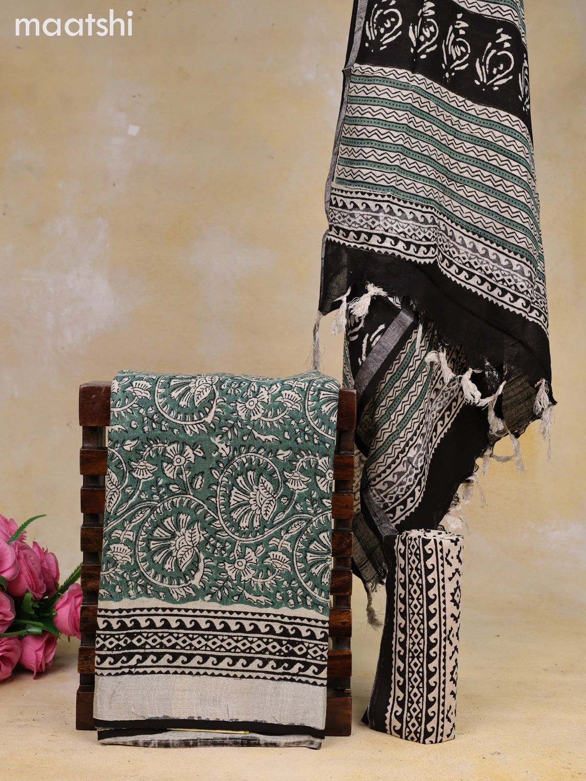 Linen cotton dress material green shade and beige black with allover prints and bottom & dupatta