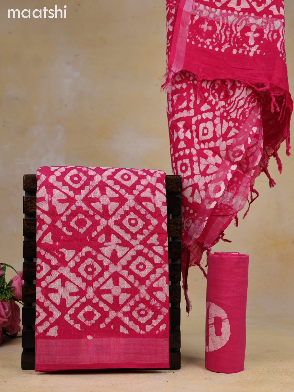 Linen cotton dress material pink and off white with allover batik prints and bottom & dupatta