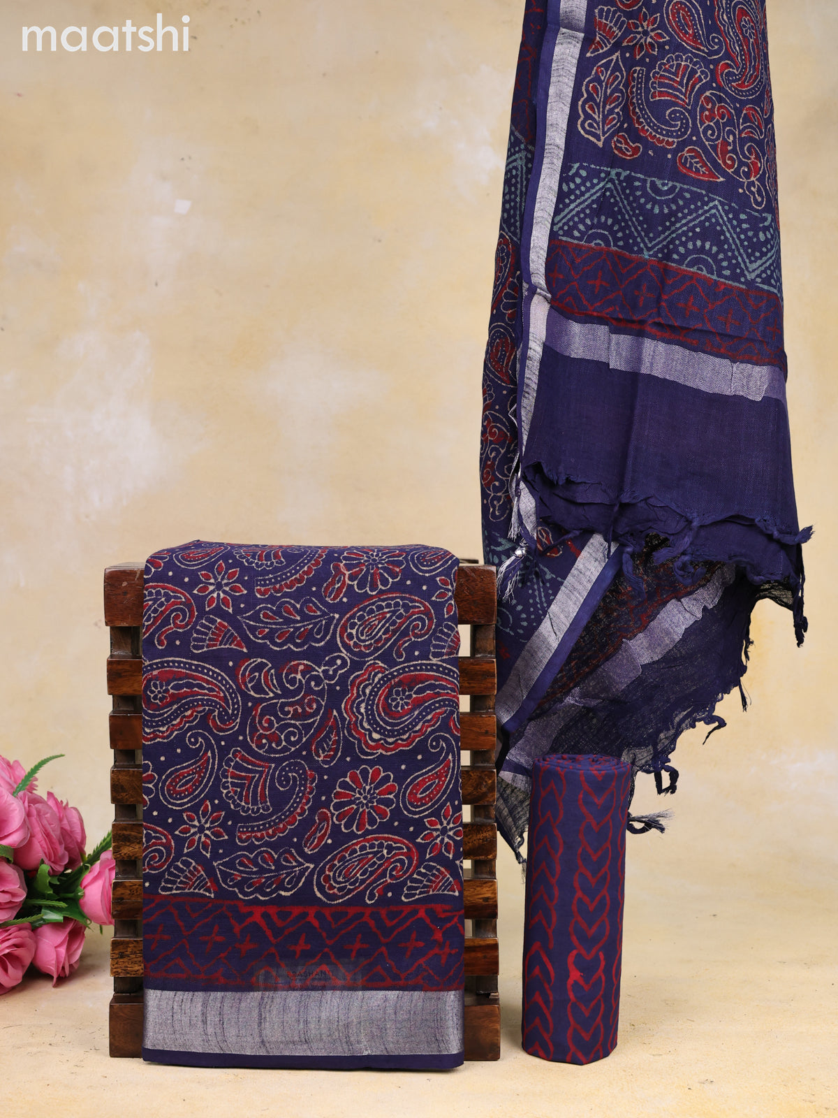 Linen cotton dress material navy blue and red with allover prints and bottom & dupatta