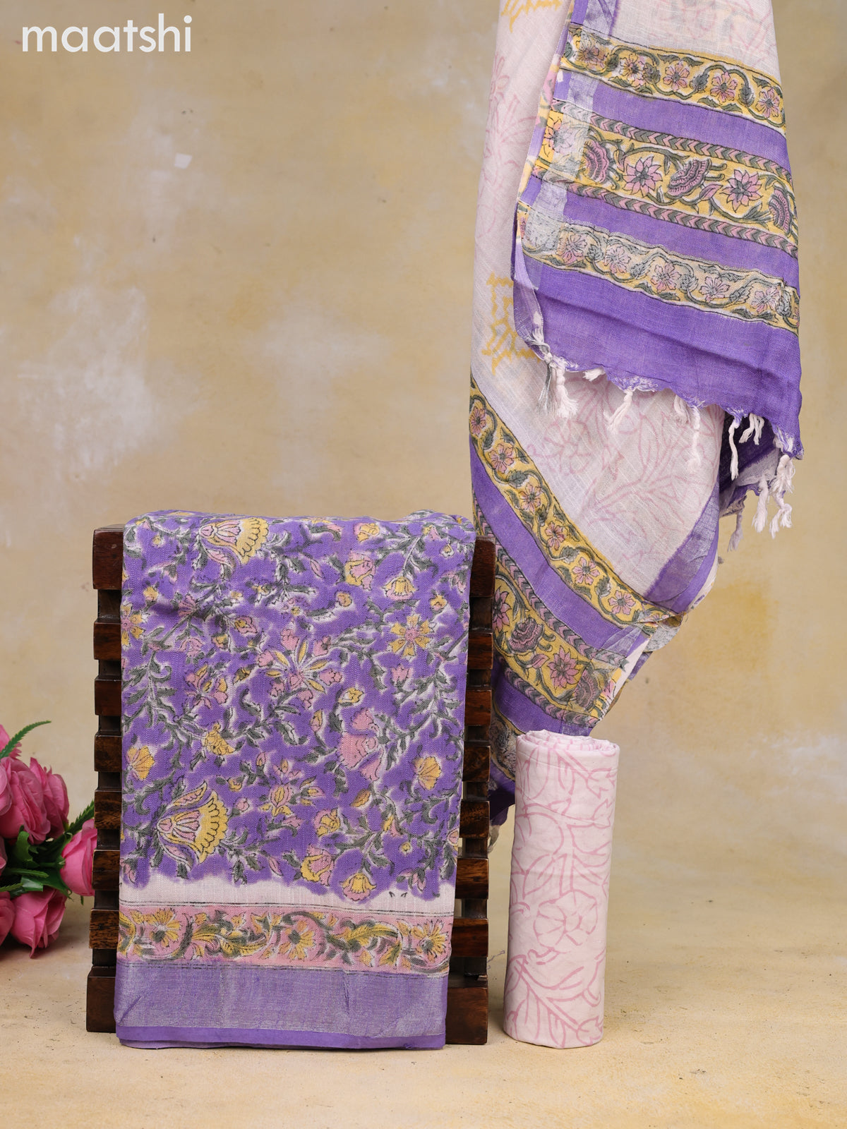 Linen cotton dress material lavender and off white with allover floral prints and bottom & dupatta