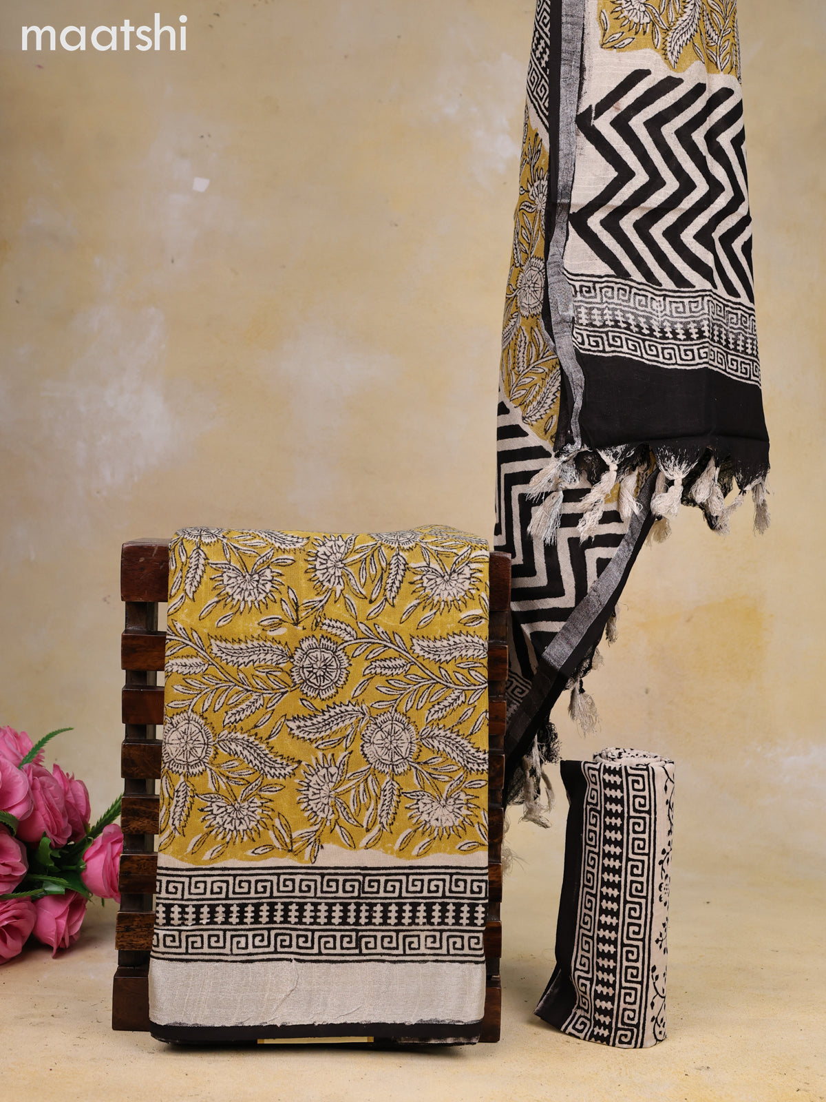 Linen cotton dress material mustard shade and beige black with allover prints and bottom & dupatta