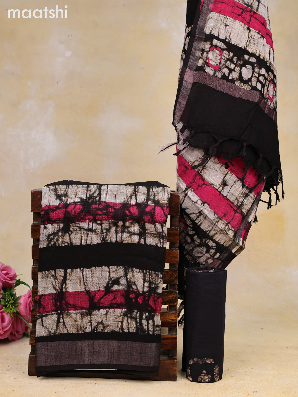 Linen cotton dress material beige and black pink with allover batik prints and bottom & dupatta