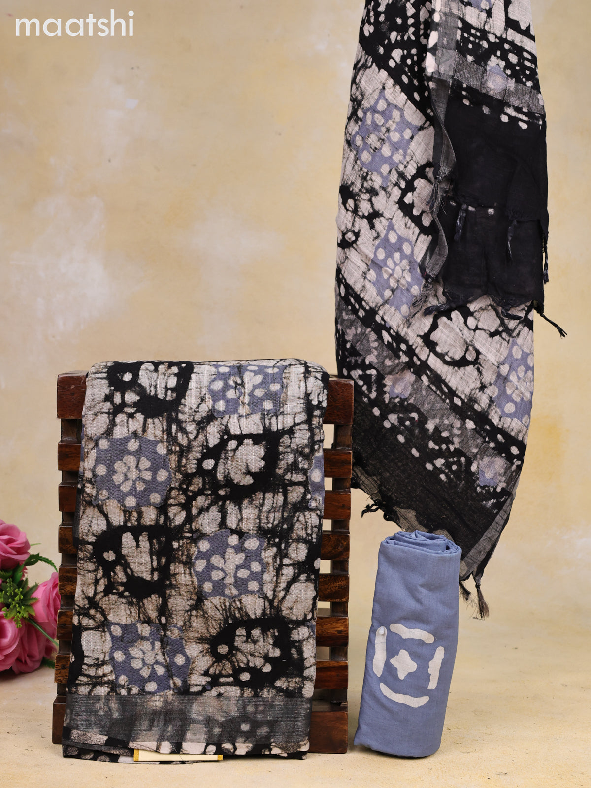 Linen cotton dress material black and beige bluish grey with allover batik prints and bottom & dupatta