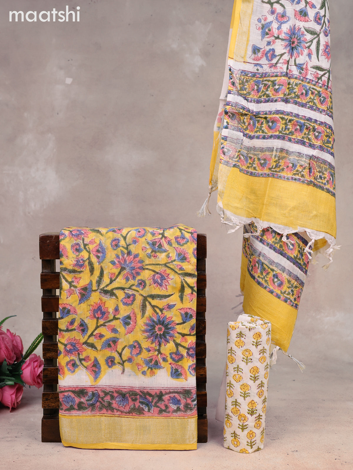 Linen cotton dress material yellow and off white with allover floral prints and bottom & dupatta