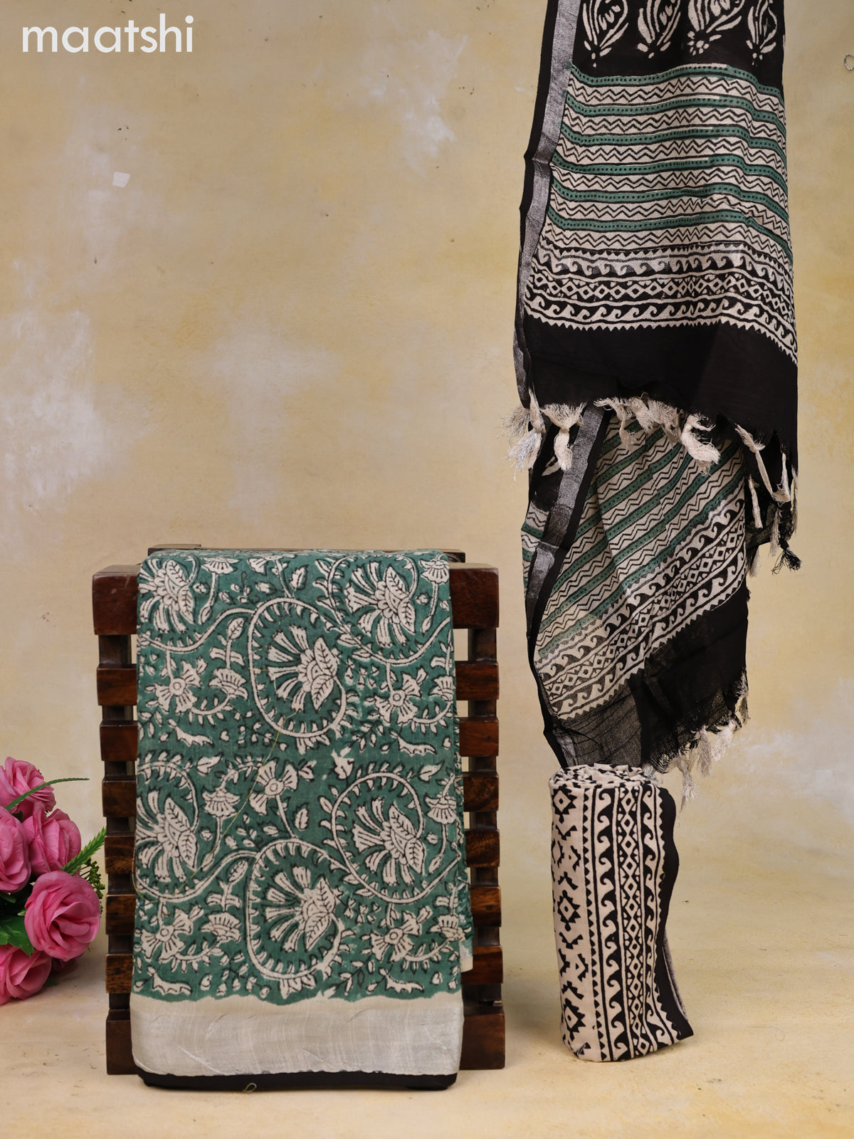 Linen cotton dress material green shade with allover prints and bottom & dupatta