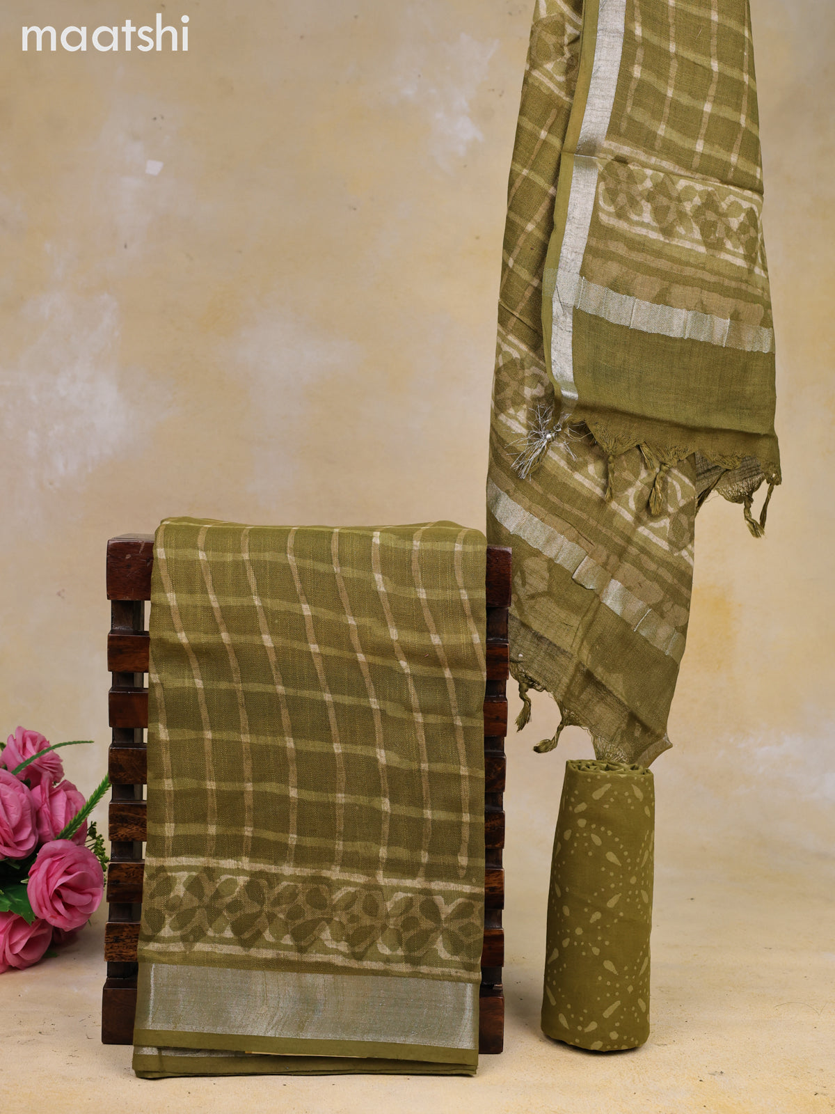 Linen cotton dress material mehendi green with allover checked pattern and bottom & dupatta