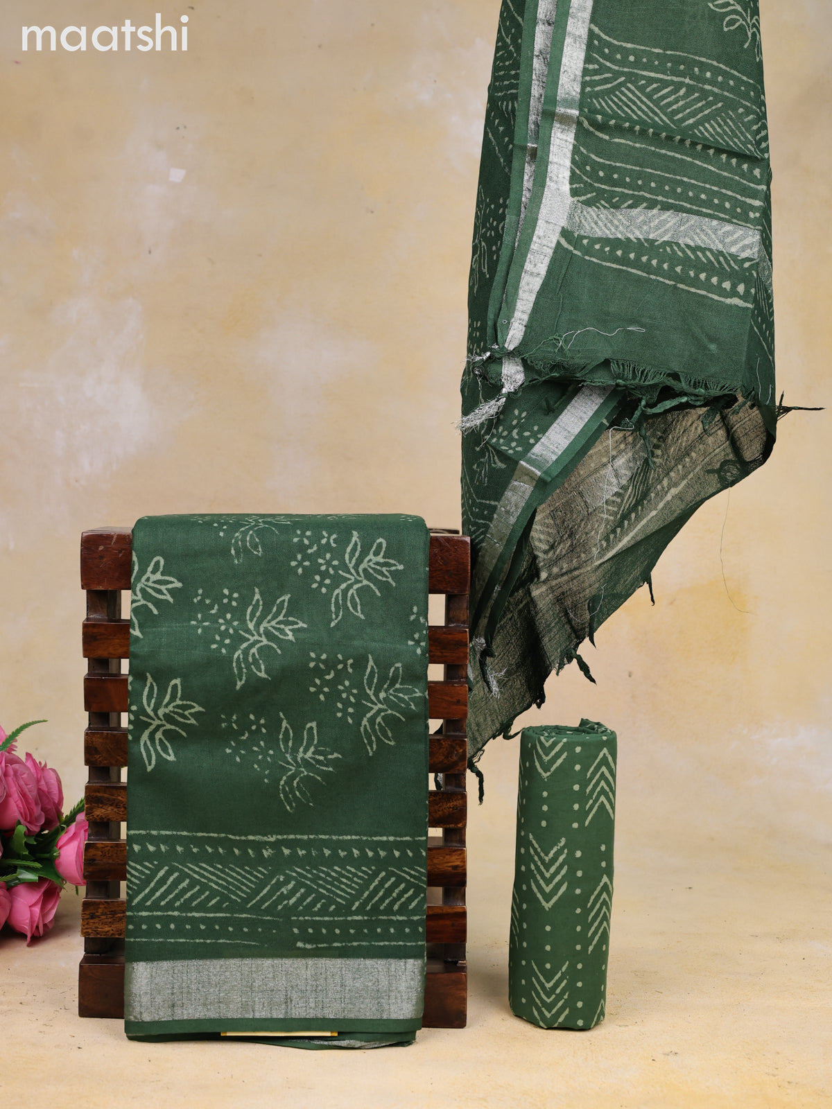 Linen cotton dress material dark green with allover prints and bottom & dupatta
