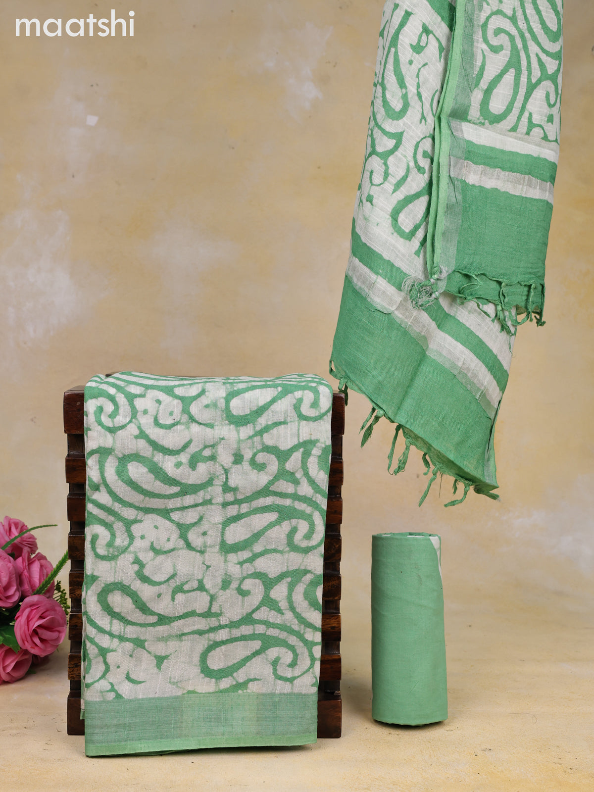 Linen cotton dress material teal green and off white with allover batik prints and bottom & dupatta