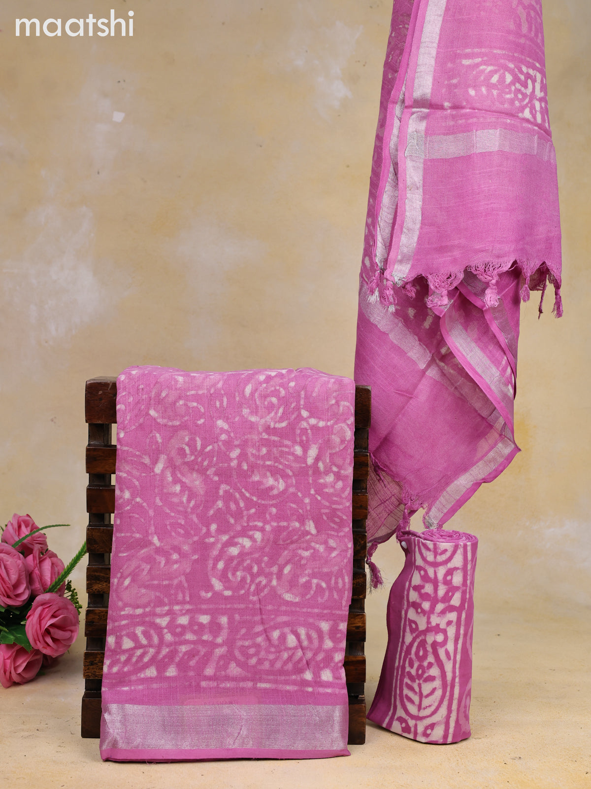 Linen cotton dress material lotus pink with allover dabu prints and bottom & dupatta