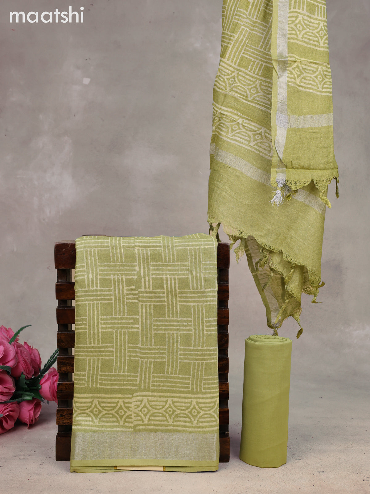 Linen cotton dress material light green with allover checked pattern and bottom & dupatta