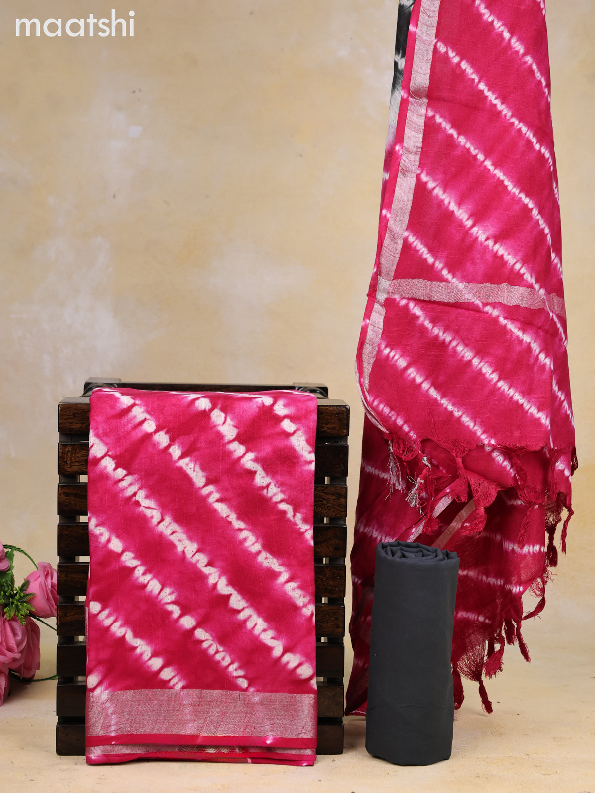 Linen cotton dress material pink and dark grey with allover shibori prints and bottom & dupatta