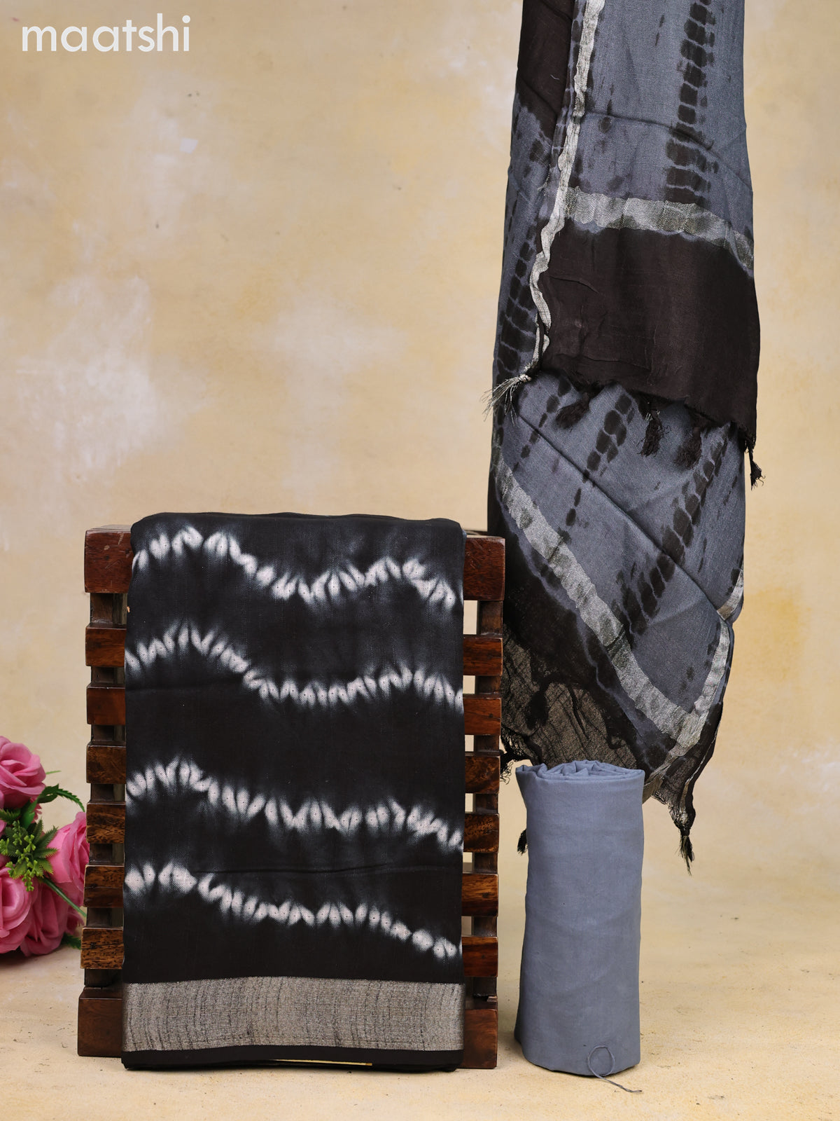 Linen cotton dress material black and grey with allover shibori prints and bottom & dupatta