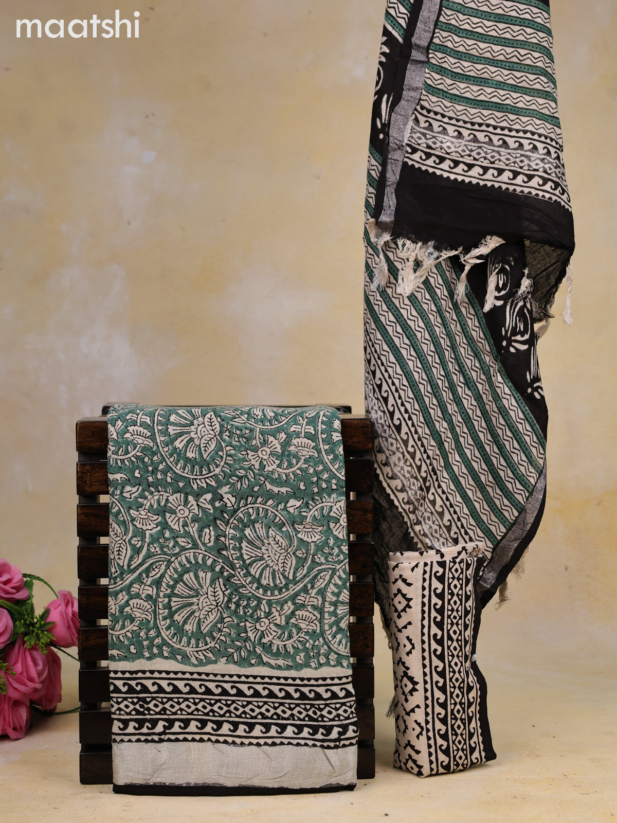 Linen cotton dress material green shade and beige black with allover prints and bottom & dupatta