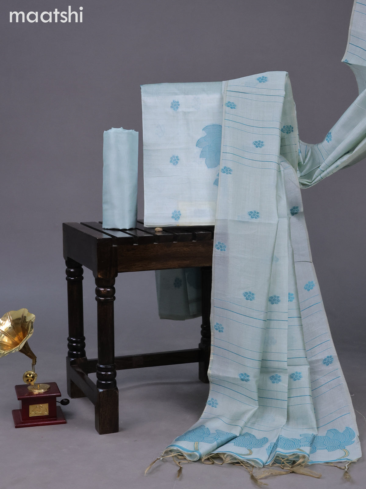 Chanderi dress material pastel blue shade with thread & zari floral weaves and bottom & dupatta