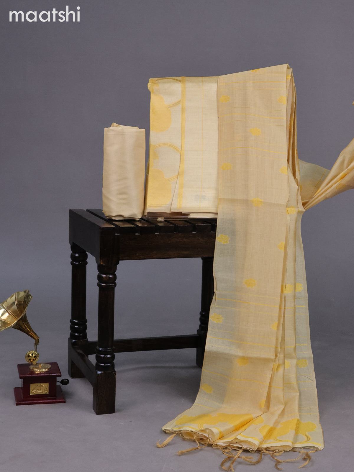 Chanderi dress material yellow shade with thread & zari floral weaves and bottom & dupatta