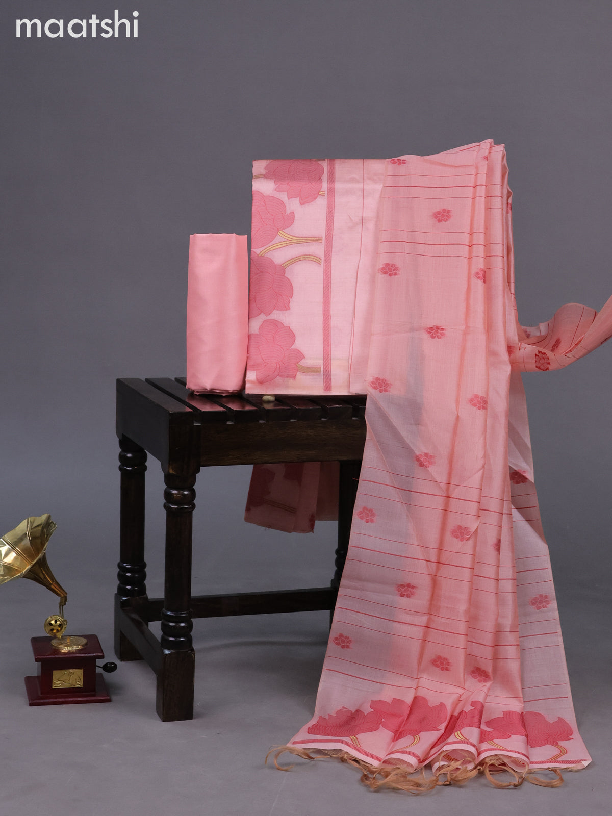 Chanderi dress material peach shade with thread & zari floral weaves and bottom & dupatta