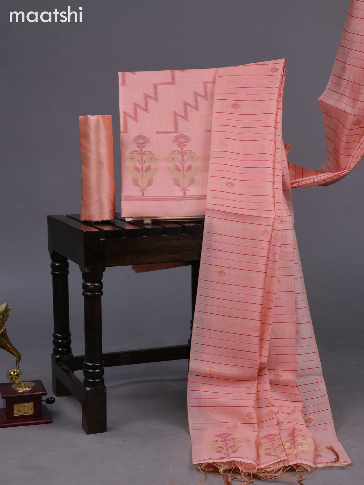 Chanderi dress material peach shade with allover thread & zari weaves and bottom & dupatta