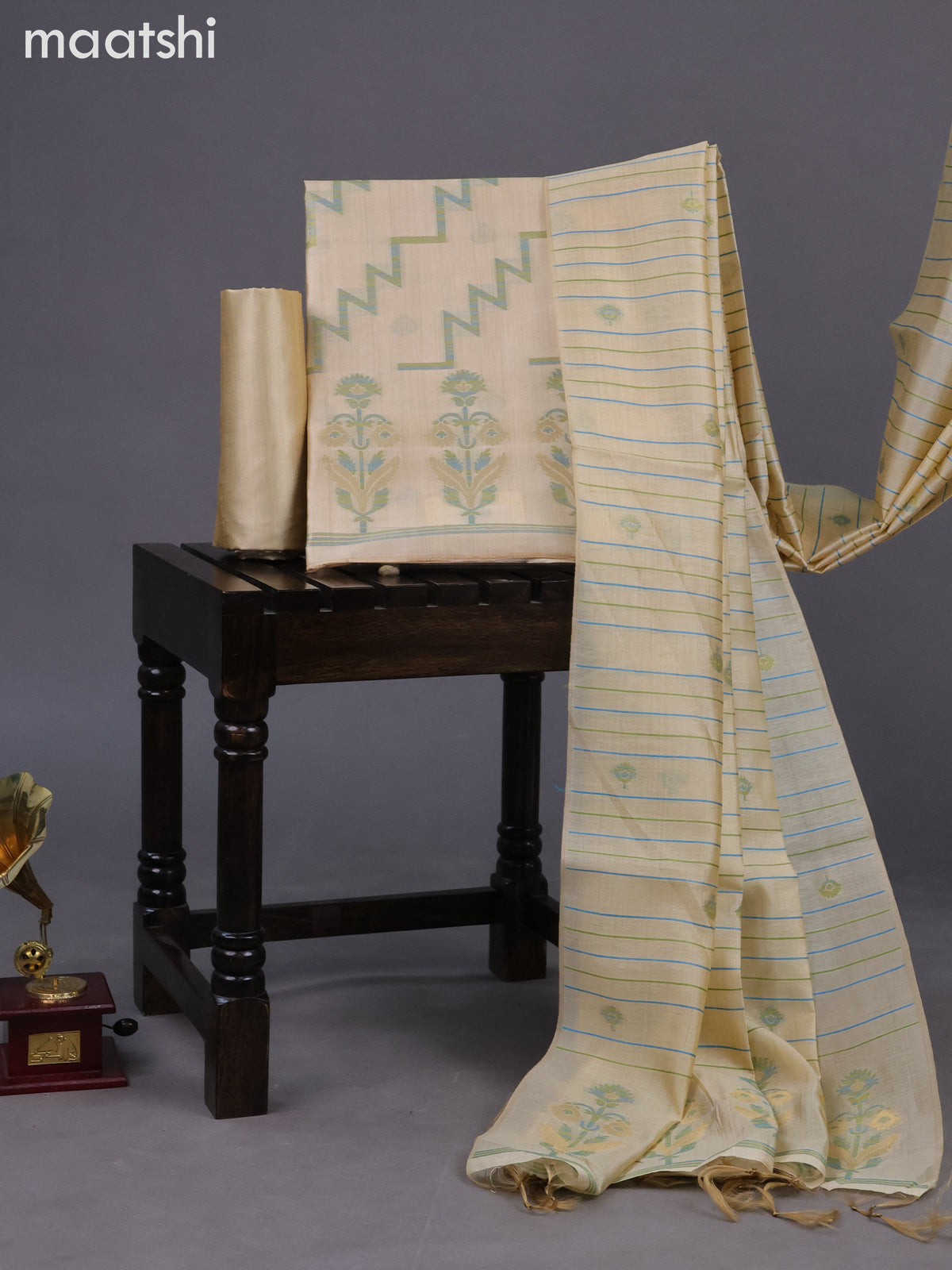 Chanderi dress material cream with allover thread & zari weaves and bottom & dupatta