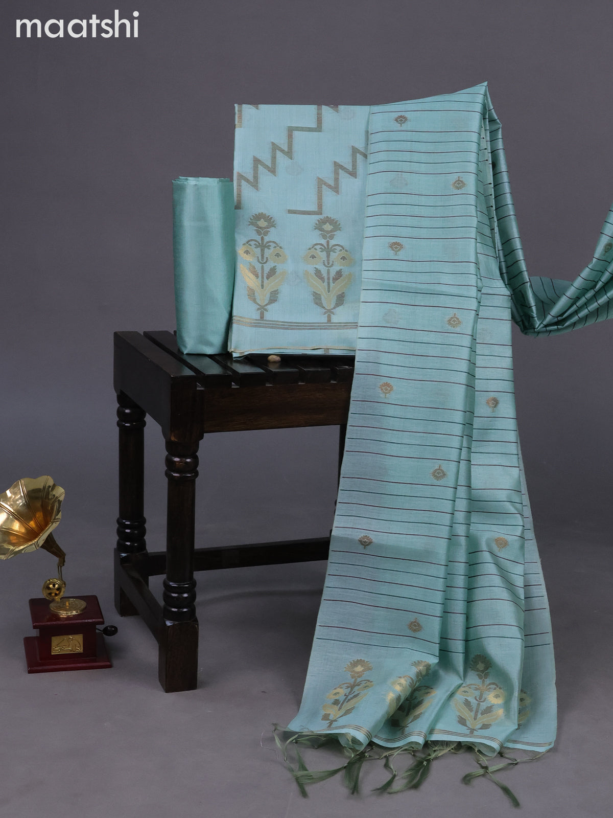 Chanderi dress material teal shade with allover thread & zari weaves and bottom & dupatta