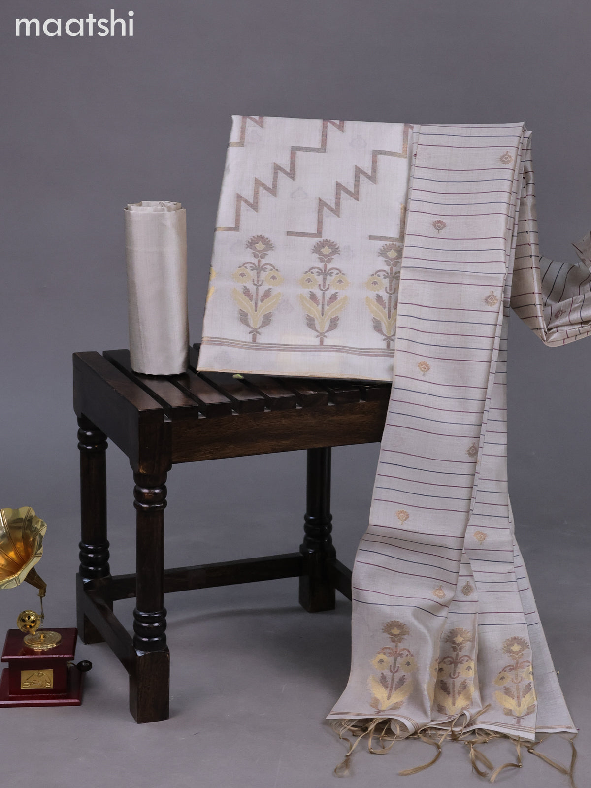 Chanderi dress material pastel grey with allover thread & zari weaves and bottom & dupatta