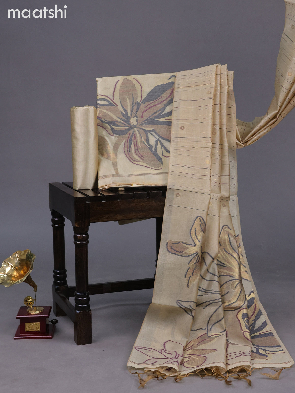 Chanderi dress material cream with allover thread & zari weaves and bottom & dupatta