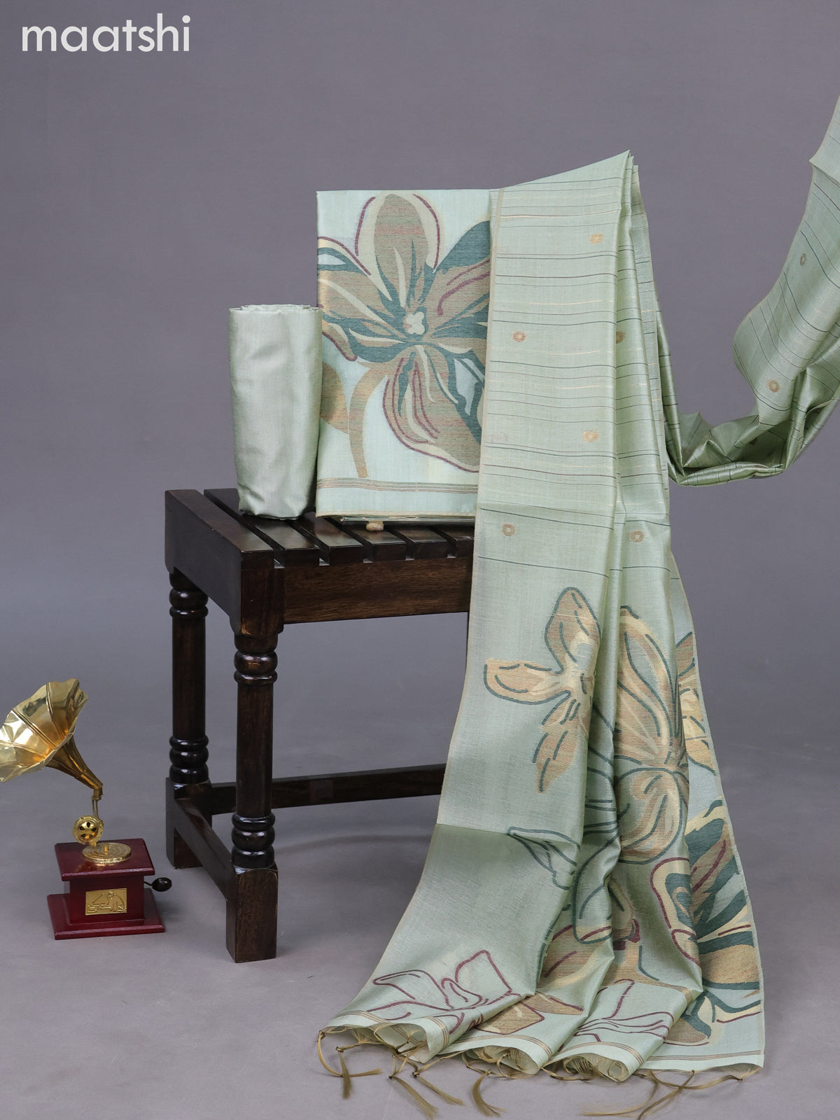 Chanderi dress material pastel green with thread & zari floral weaves and bottom & dupatta