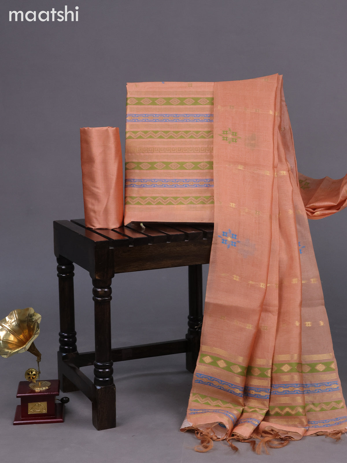 Chanderi dress material pale orange with allover thread & zari weaves and bottom & dupatta