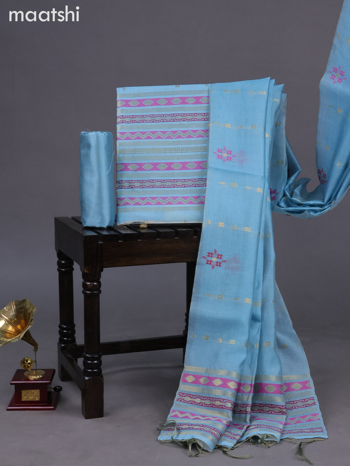 Chanderi dress material pastel blue with allover thread & zari weaves and bottom & dupatta