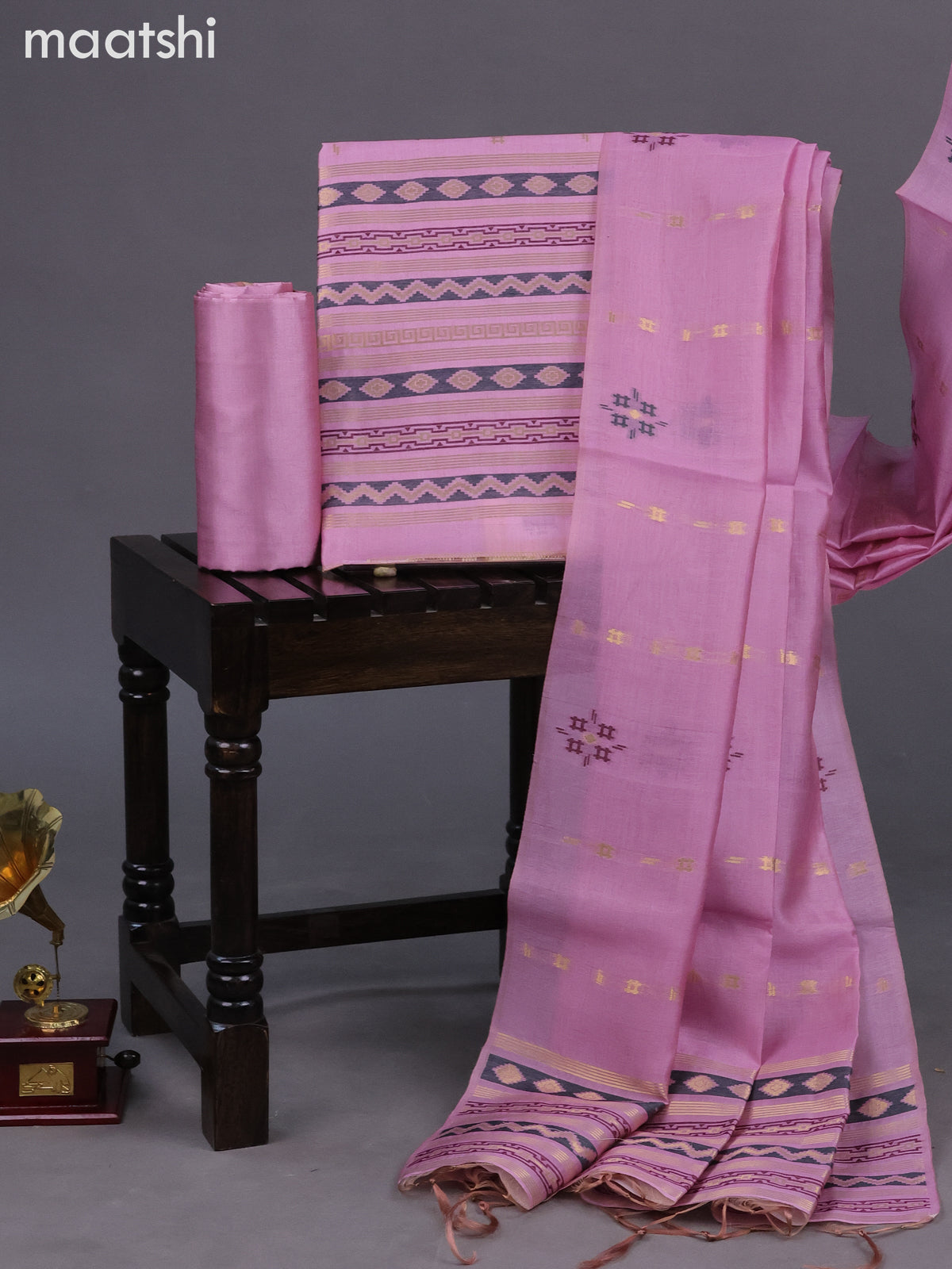Chanderi dress material lotus pink with allover thread & zari weaves and bottom & dupatta