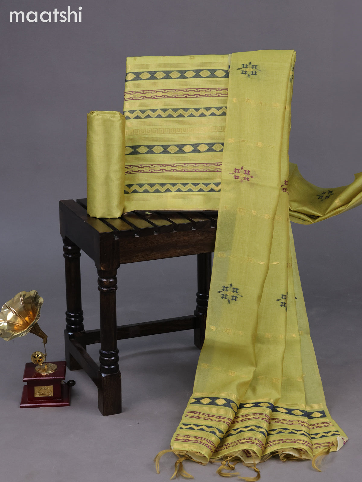 Chanderi dress material lime green with allover thread & zari weaves and bottom & dupatta