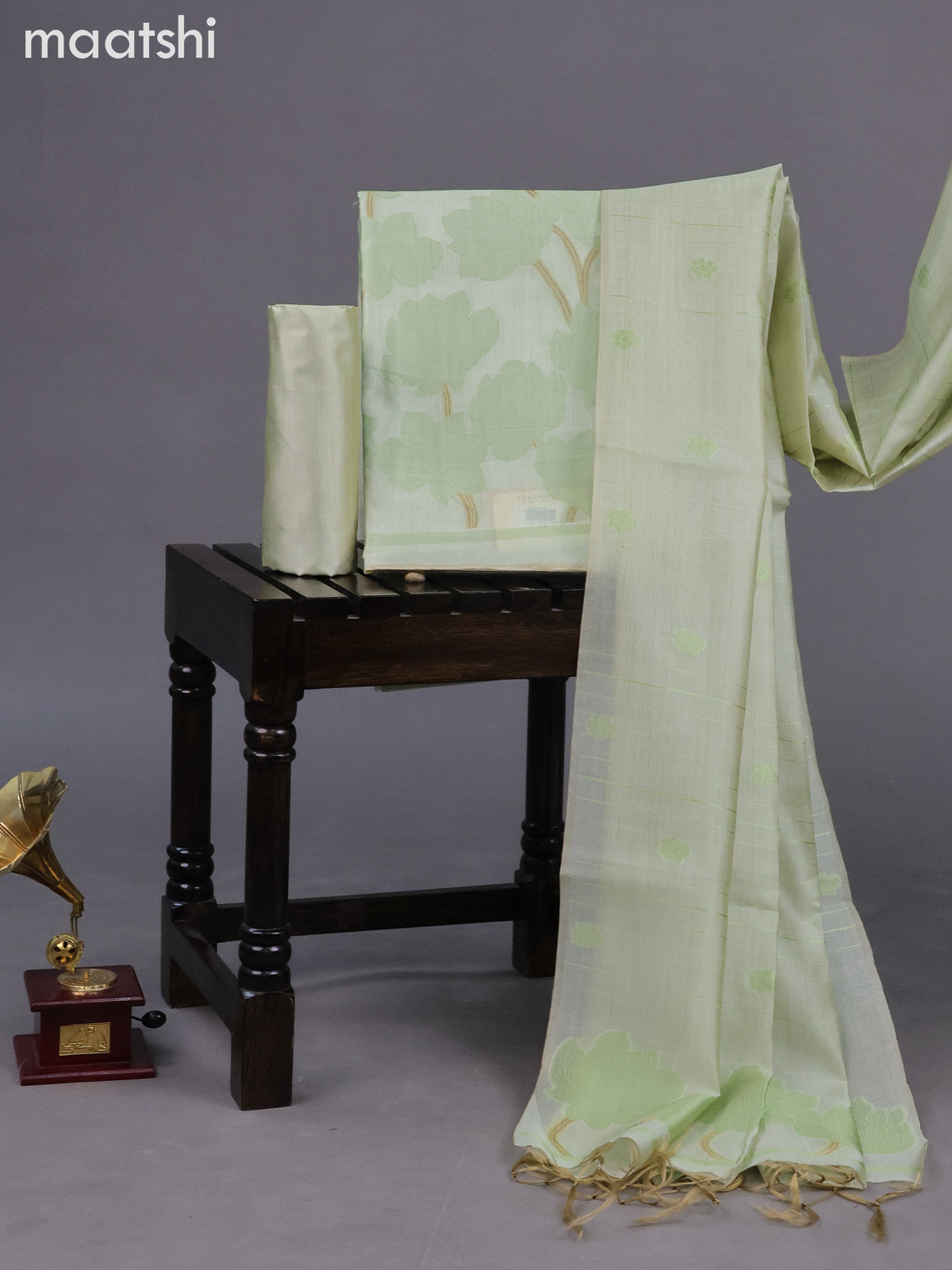 Chanderi dress material mild pista green with thread & zari floral weaves and bottom & dupatta