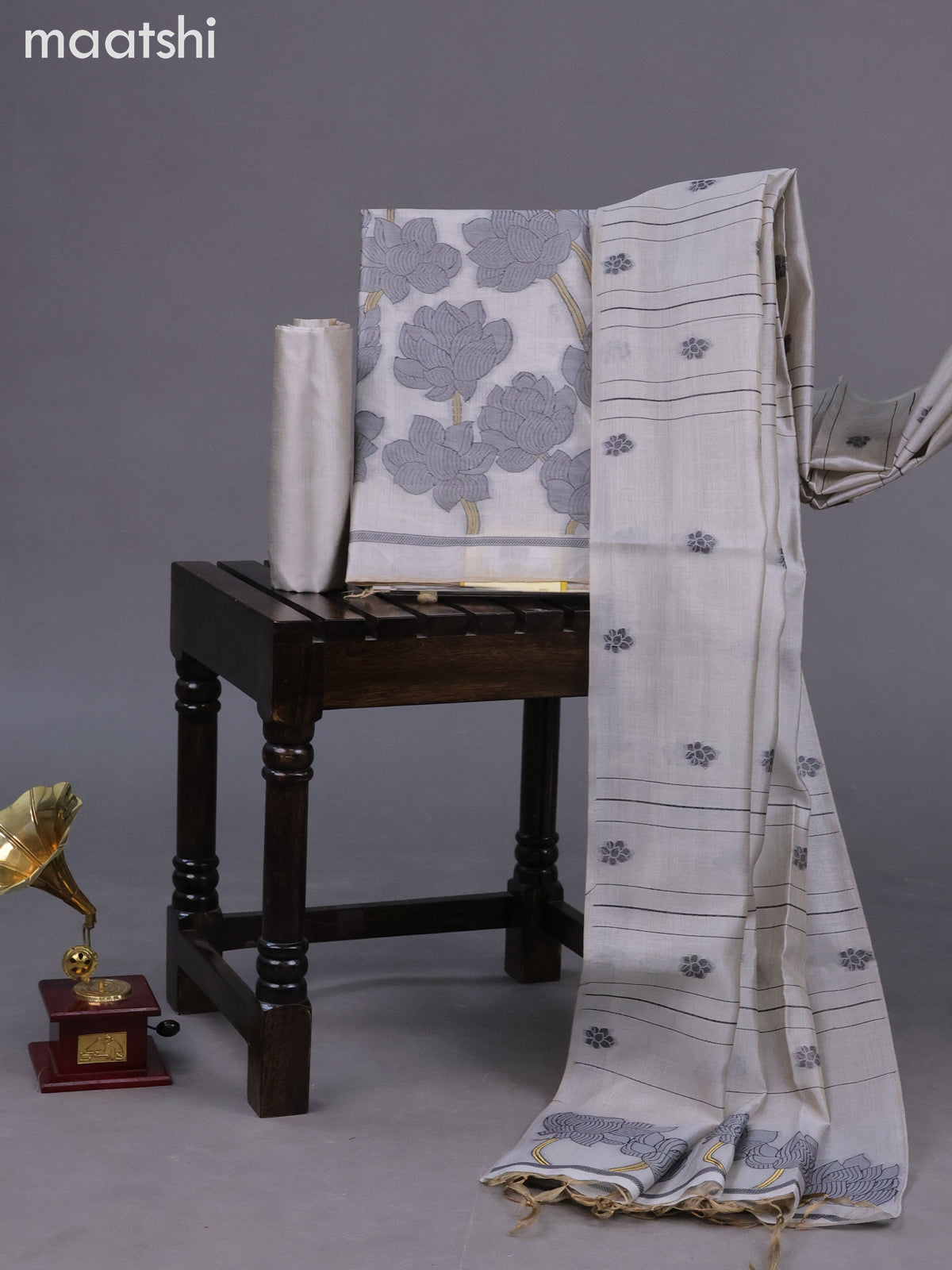 Chanderi dress material pastel grey with thread & zari floral weaves and bottom & dupatta