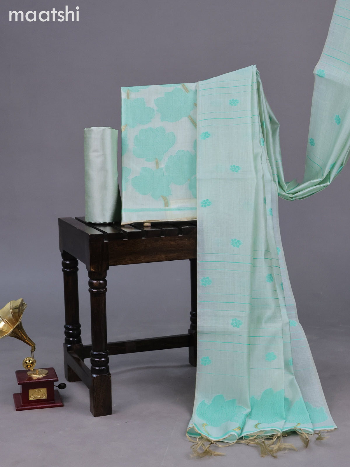 Chanderi dress material teal shade with thread & zari floral weaves and bottom & dupatta
