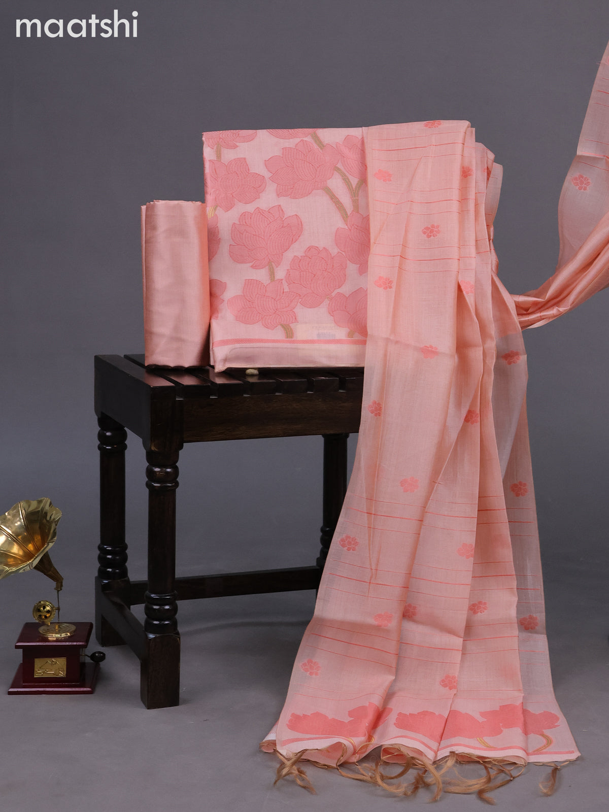Chanderi dress material peach shade with allover thread & zari weaves and bottom & dupatta