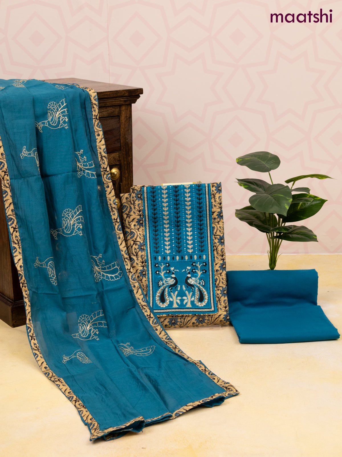 Cotton dress material sandal and cs blue with allover floral prints & patch work neck pattern and bottom & dupatta